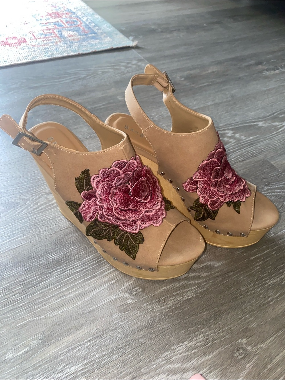 BAMBOO Tan Wedge Sandals with Pink Floral Embroidery